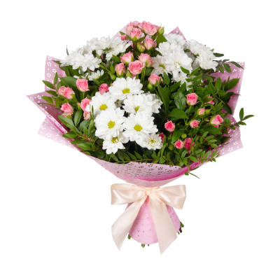 Букет «Волшебный сад» – гармония кустовых роз и белоснежных хризантем Абаза Республика Хакасия