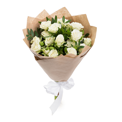 Изысканный букет из 5 белых кустовых роз с фисташковой зеленью Абаза Республика Хакасия
