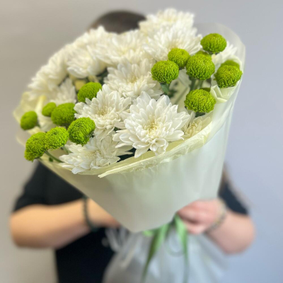 Эксклюзивный букет «Филин Грин» – сочетание белых и зеленых хризантем Абаза Республика Хакасия