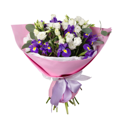 Букет «Подарок» – элегантная композиция из ирисов, эустом и эвкалипта Абаза Республика Хакасия