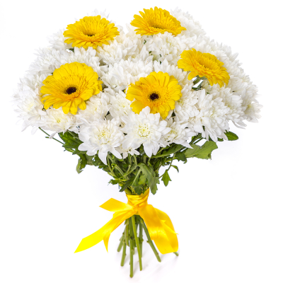Солнечный букет из желтых гербер и белых хризантем – радость в каждом лепестке Абаза Республика Хакасия