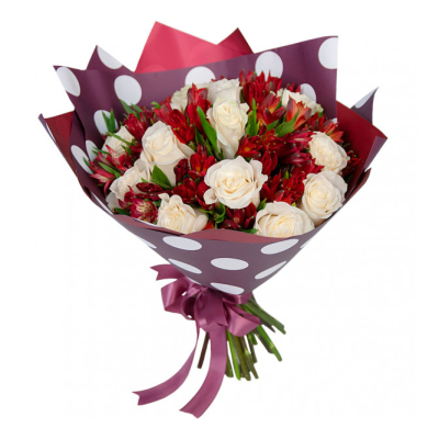 Букет из белых роз и красных альстромерий – гармония страсти и чистоты Абаза Республика Хакасия